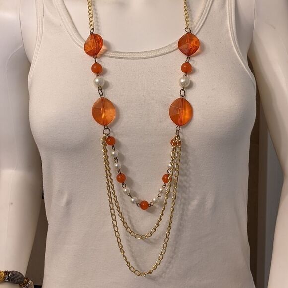 Vintage Jewelry - Vintage pearl & clear orange beads goldtone necklace